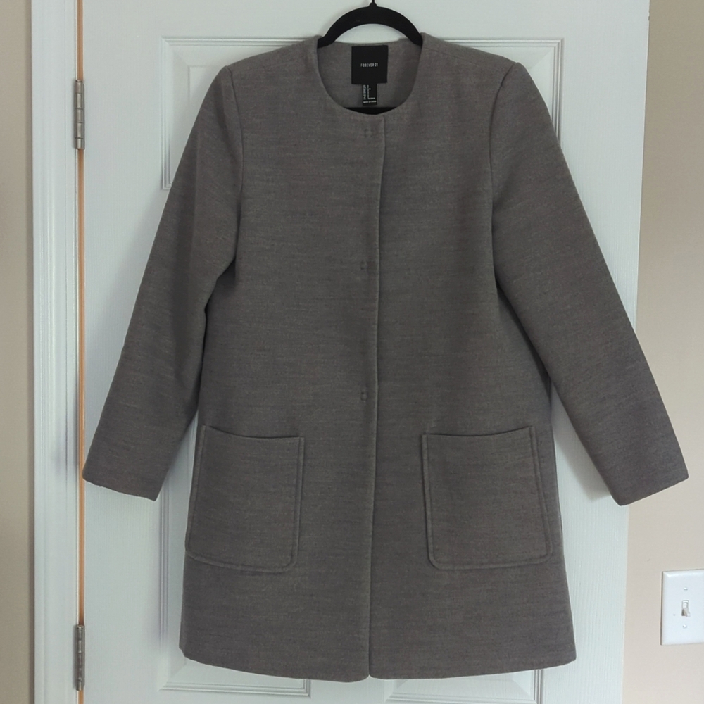 Forever 21 Grey Collarless Shift Coat-Size Women's Small Basic Office Norm Core